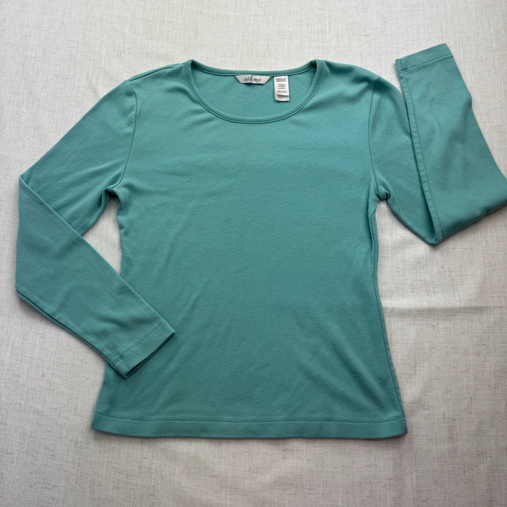 Delicates Womens Medium Teal Green Long Sleeve Crewneck Cotton Blend Top Shirt